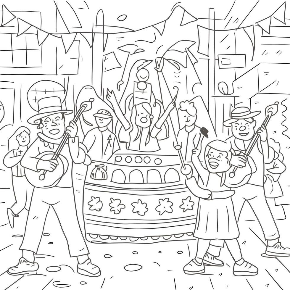 Coloring page with people playing music and dancing vector