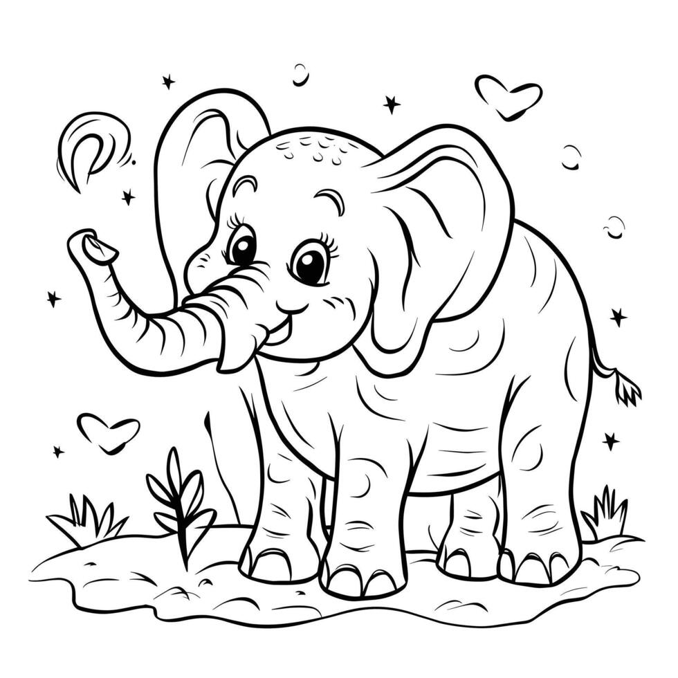 An elephant coloring page with hearts and stars vector