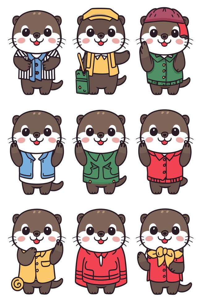 Otter in different clothes and hats vector