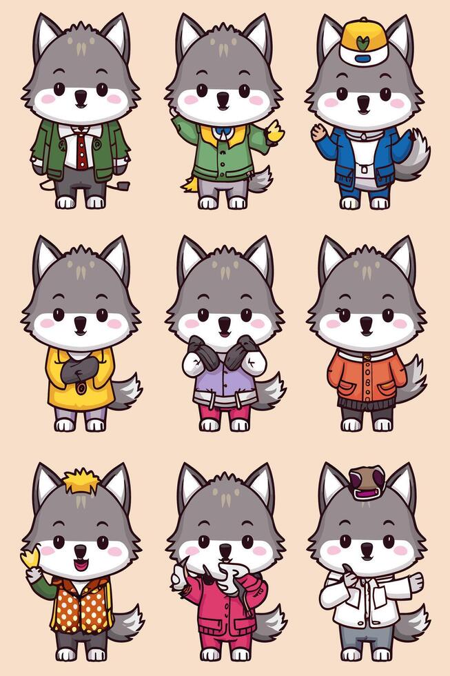 A set of cartoon wolf characters in different outfits vector