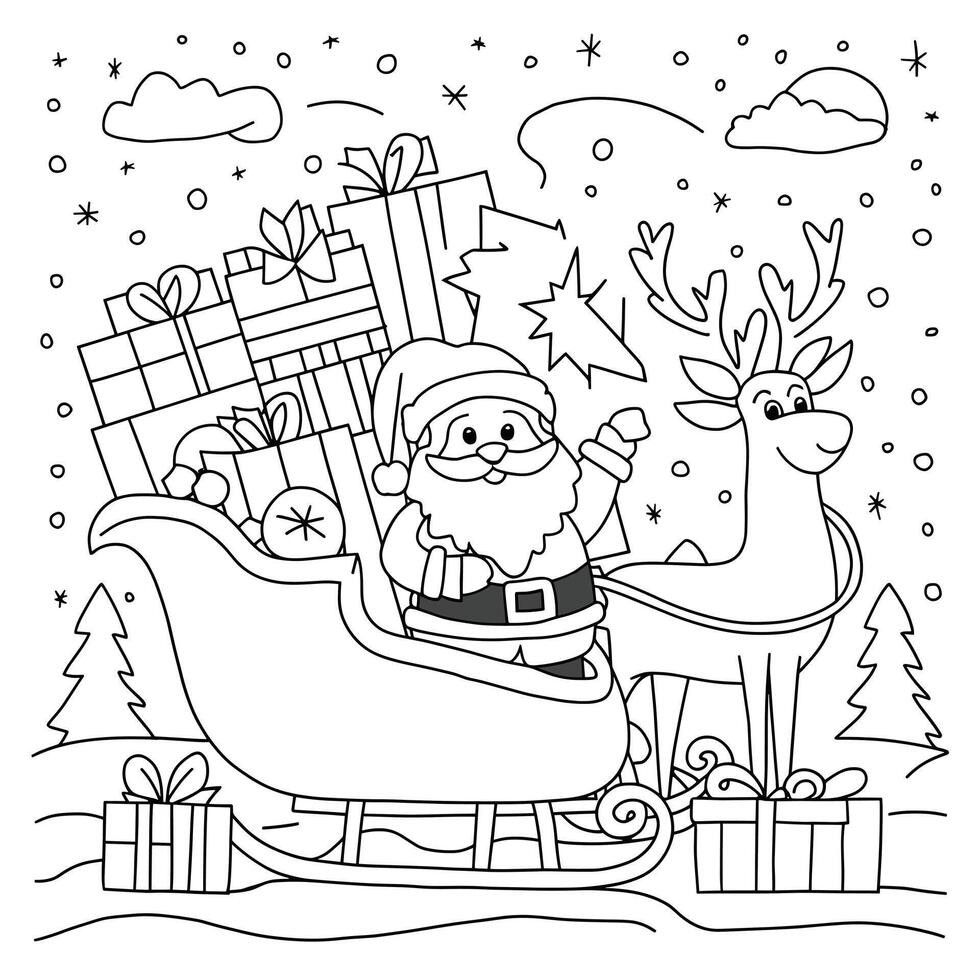 Santa claus and reindeer coloring pages vector