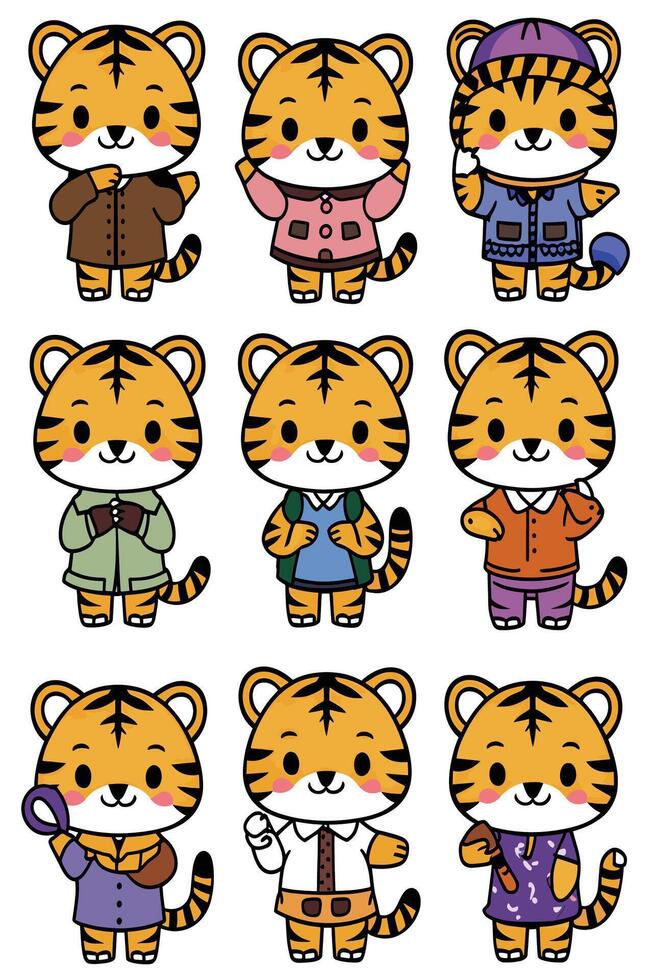 A set of cartoon tiger characters in different outfits vector