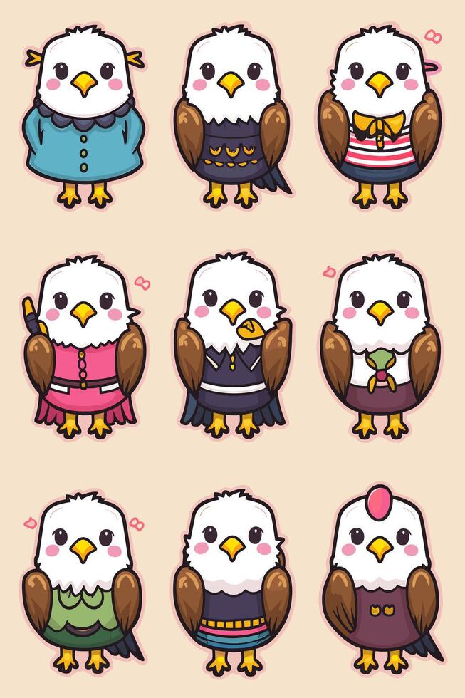 Cute cartoon eagle set by kawaii-kawaii vector