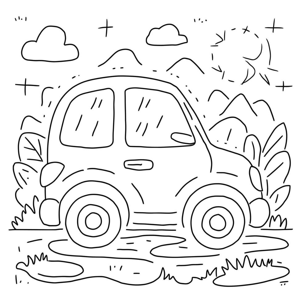 Car coloring page with mountains and trees vector