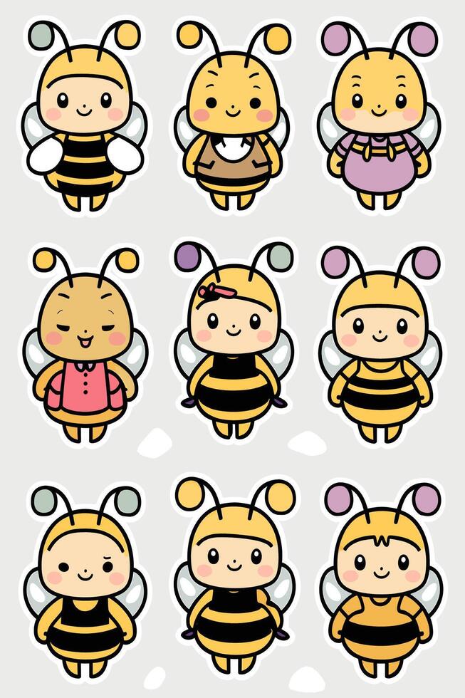 Cute bee stickers set with different colors vector