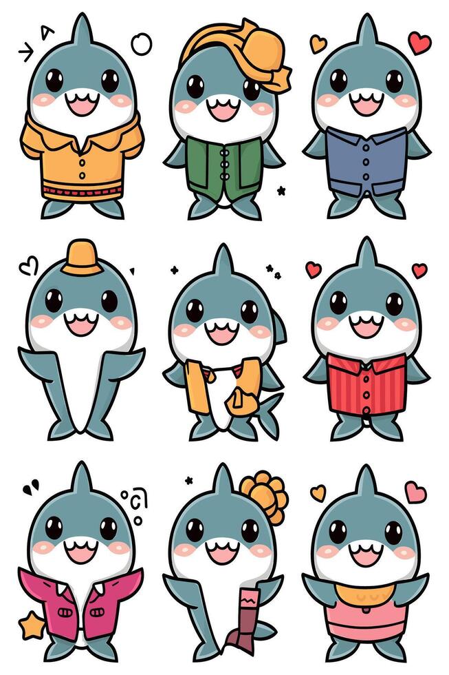 Cute cartoon shark characters set of stickers vector