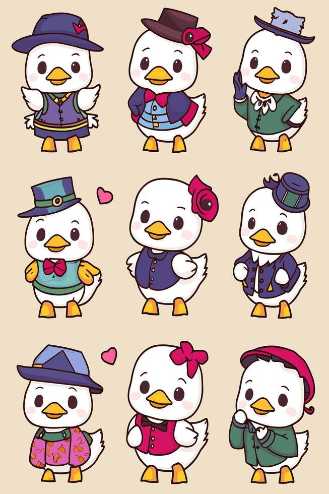 A set of cartoon ducks wearing different clothes vector