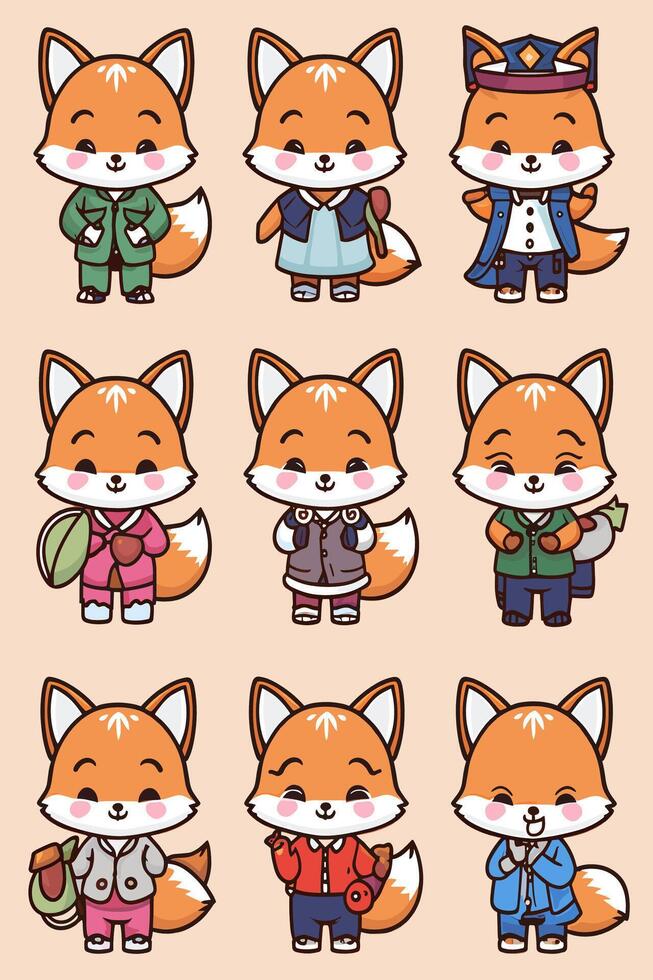 Foxes in different outfits and clothes vector