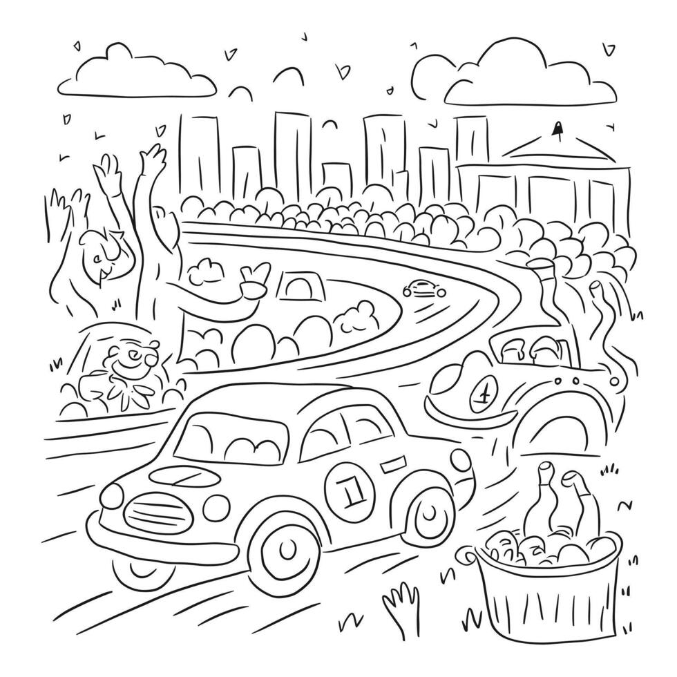 A coloring page with a car driving down the road vector