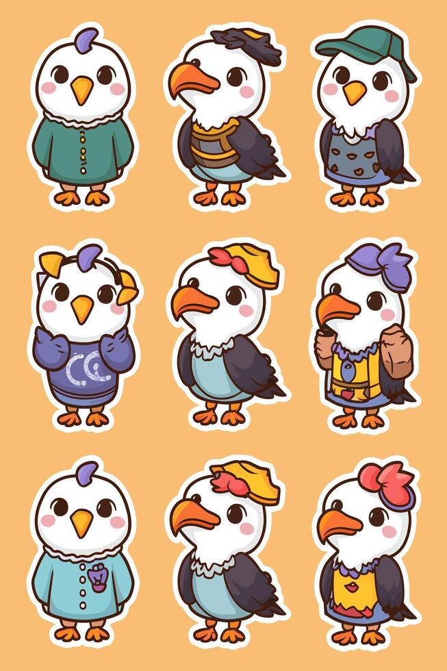 A set of stickers depicting various birds vector