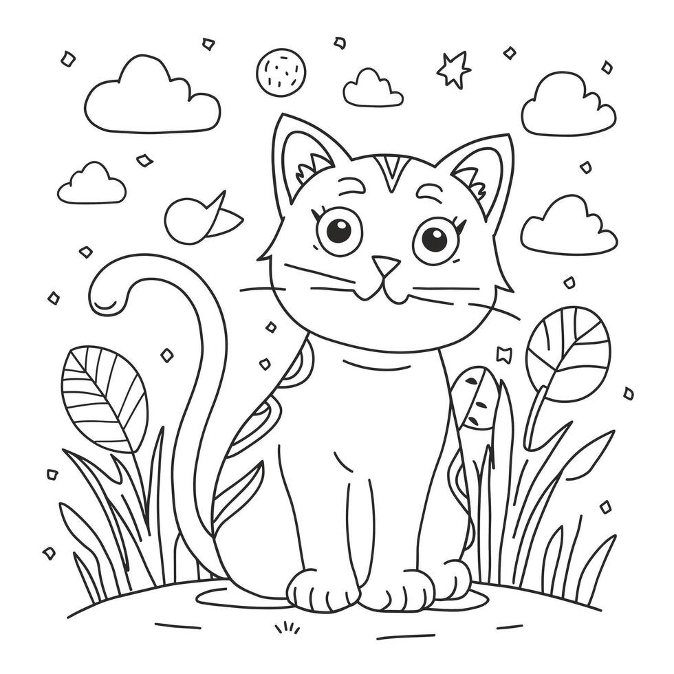 A cat coloring page with a green background vector