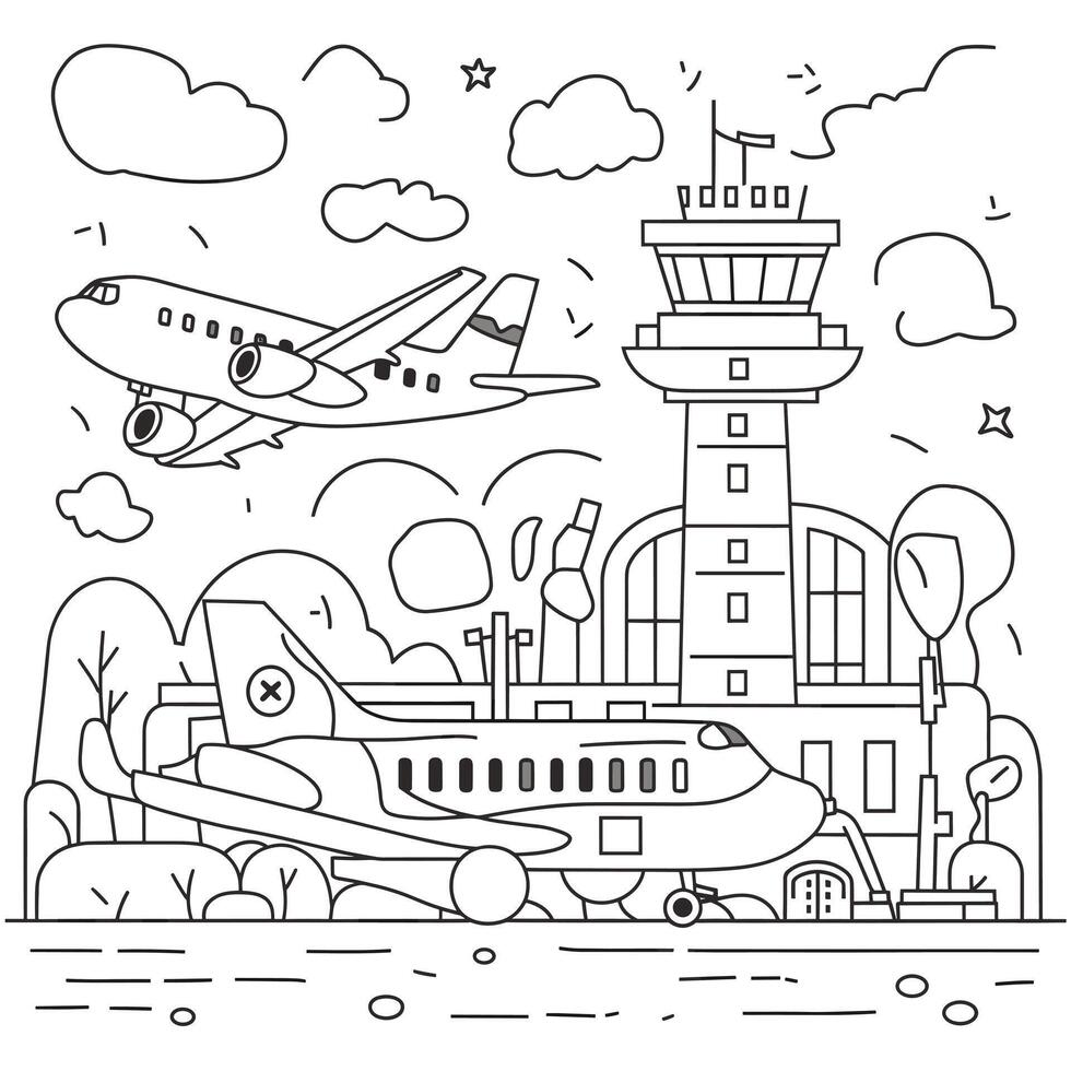 Airport coloring page with airplane and tower vector
