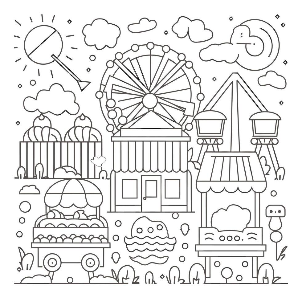 Amusement park coloring page with a ferris wheel and other items vector