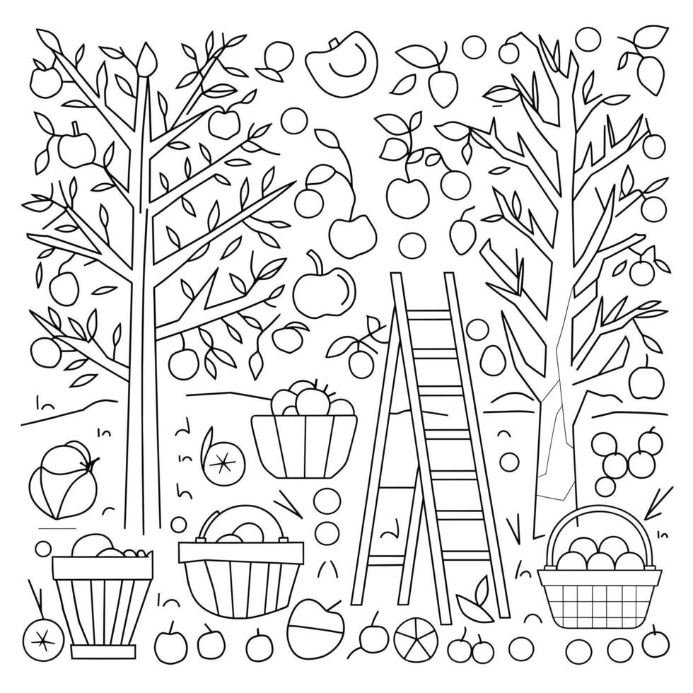 An apple coloring page with trees and apples vector
