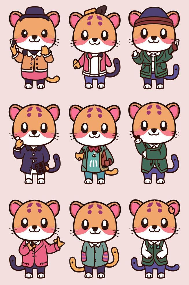 A set of cartoon cats in different outfits vector