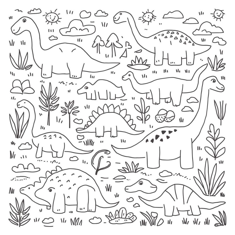 Dinosaur coloring page with a variety of dinosaurs vector