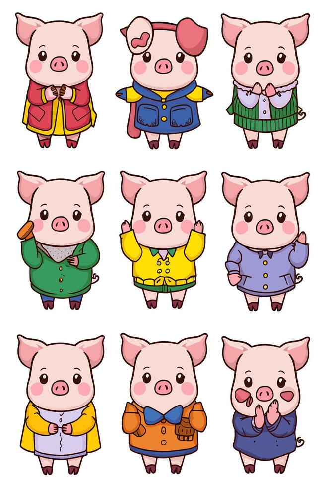 A set of pig characters in different clothes vector