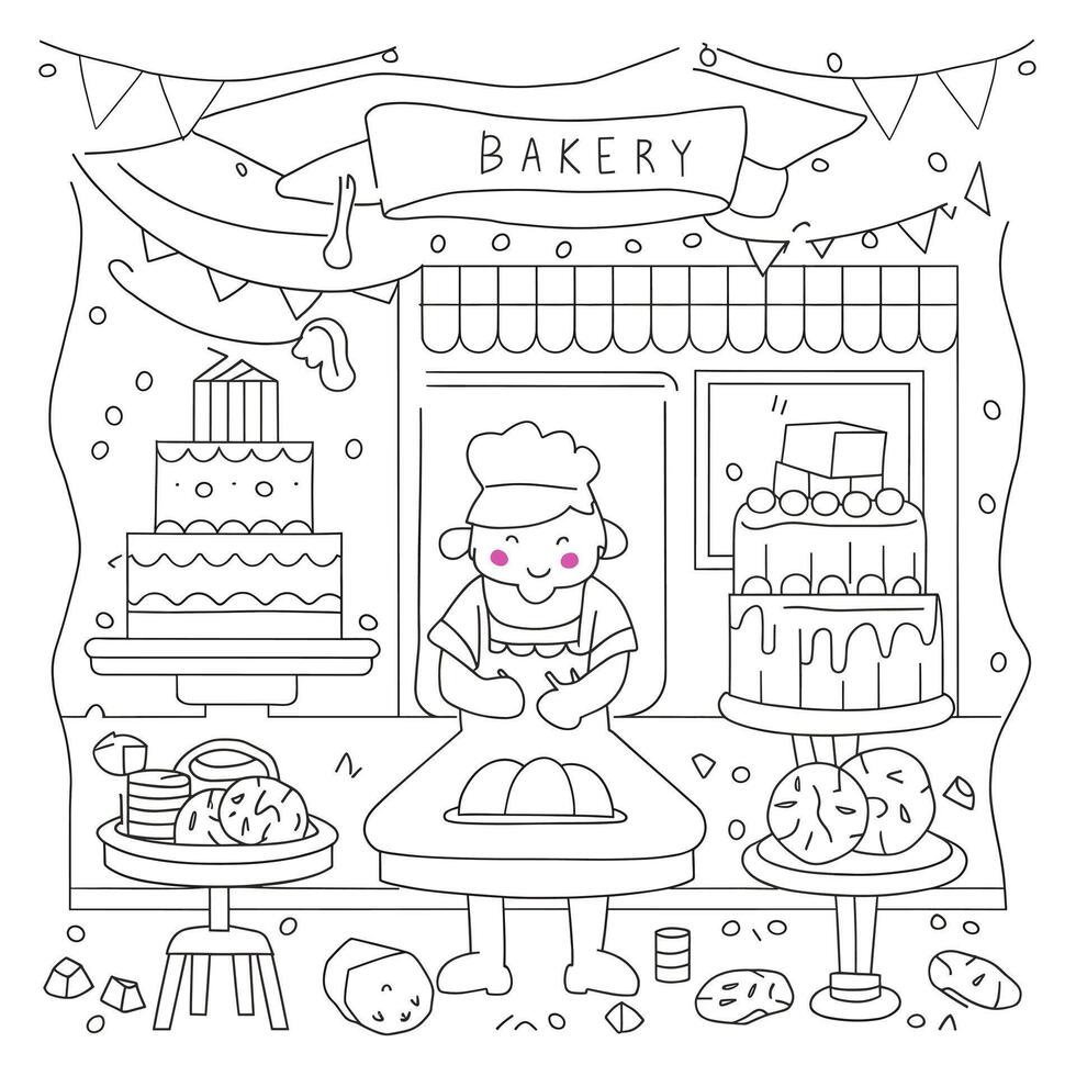 A coloring page with a bakery scene vector