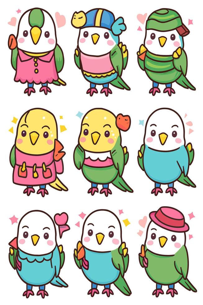 Cute parakeet characters set of cute birds illustration vector