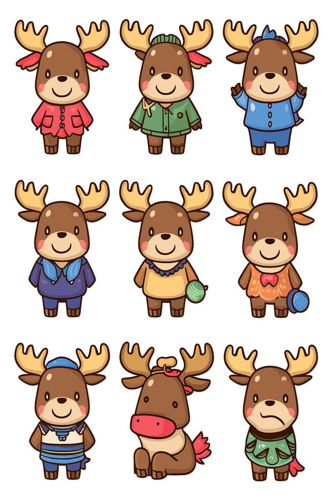 A set of cartoon moose characters in different outfits vector