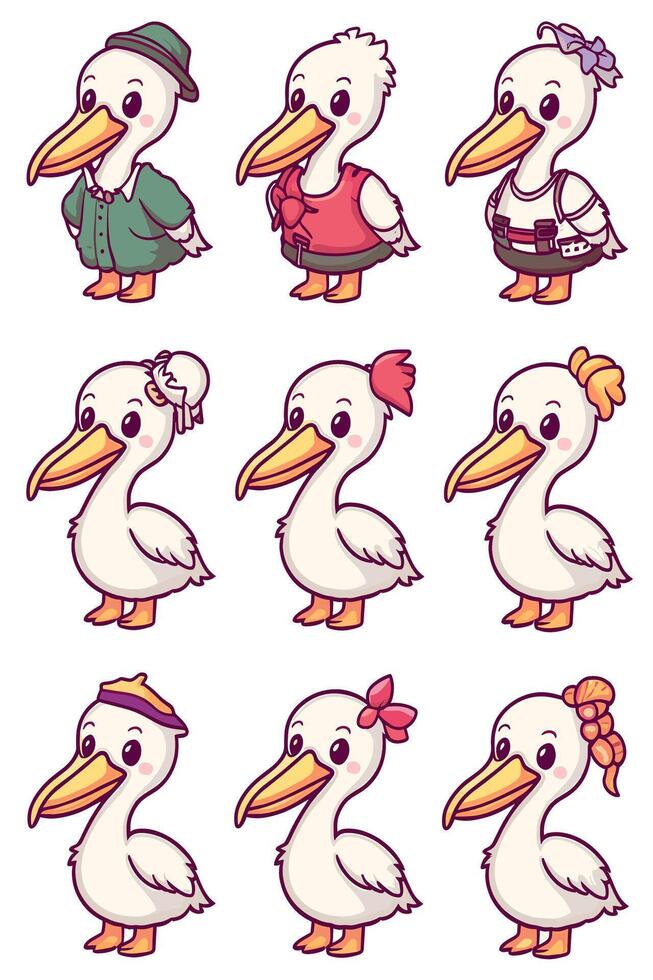 A set of cartoon pelicans with different outfits vector