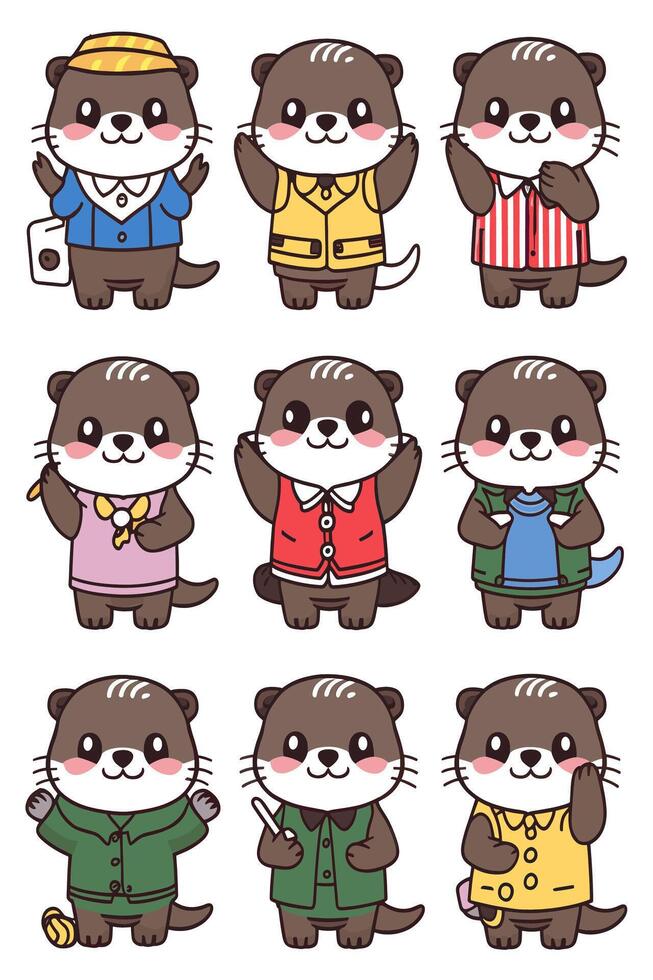 Otter characters in different outfits vector