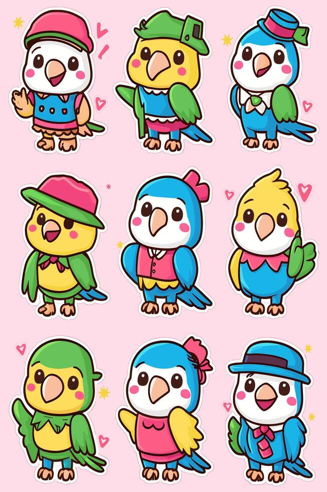 A set of cartoon birds with different hats and outfits vector