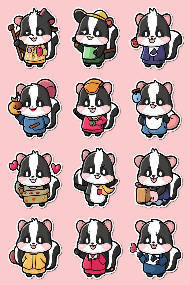 A set of stickers depicting skunks vector