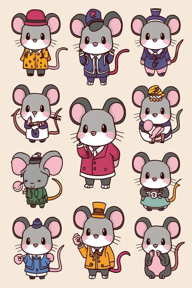 A set of cartoon mice in various outfits vector