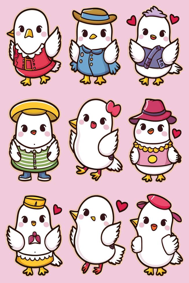 Cute white birds in different outfits vector