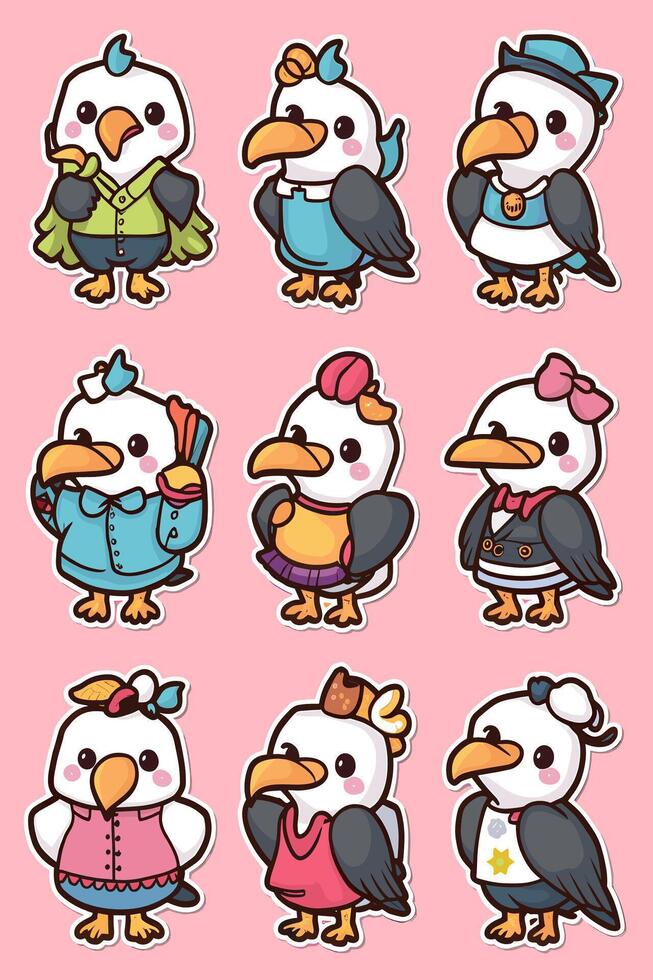 A set of cartoon birds with different outfits vector