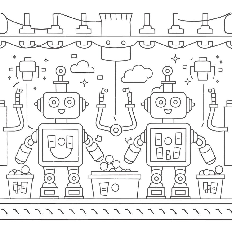 A robot is standing in front of a machine vector