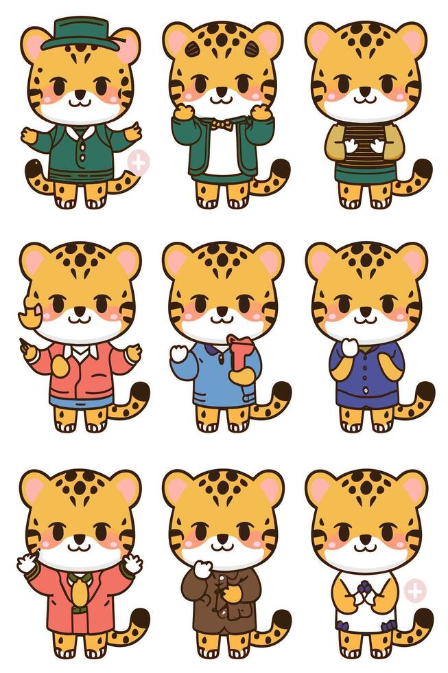 A set of cartoon leopards in different outfits vector