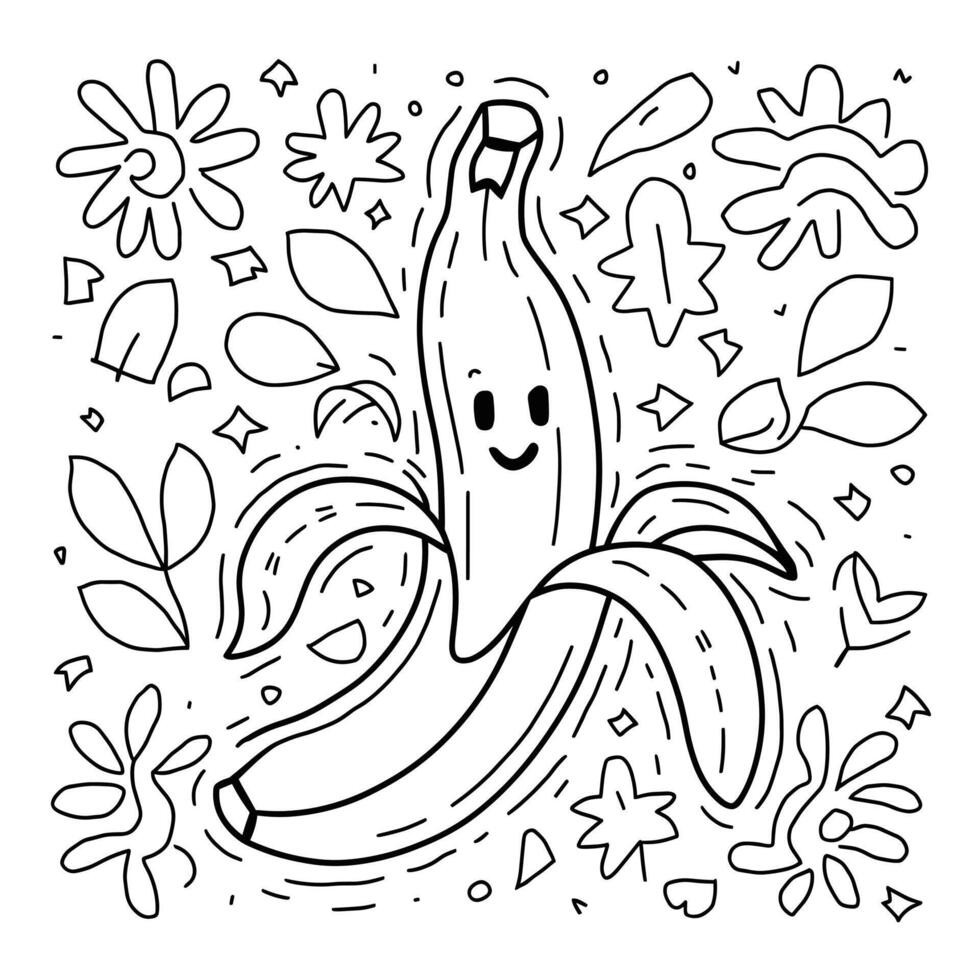 A banana with a smiley face and flowers in the background vector