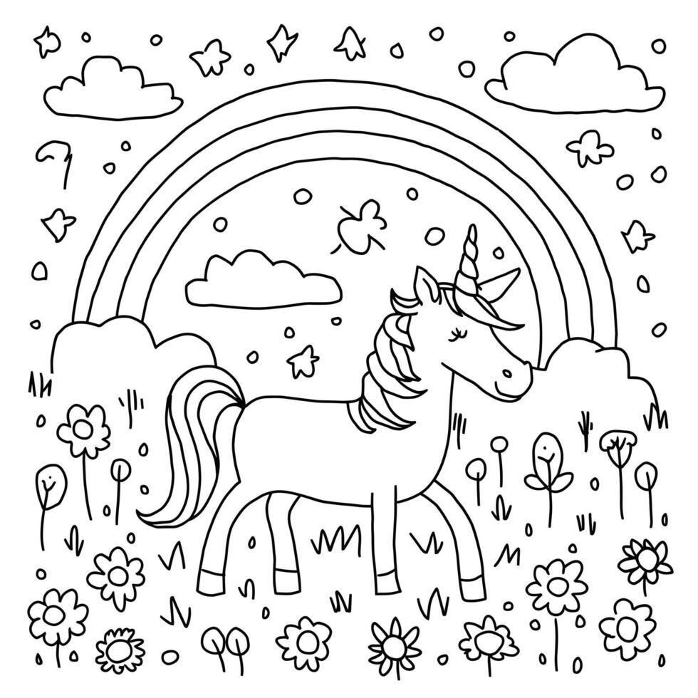 A coloring page with a unicorn and rainbow vector