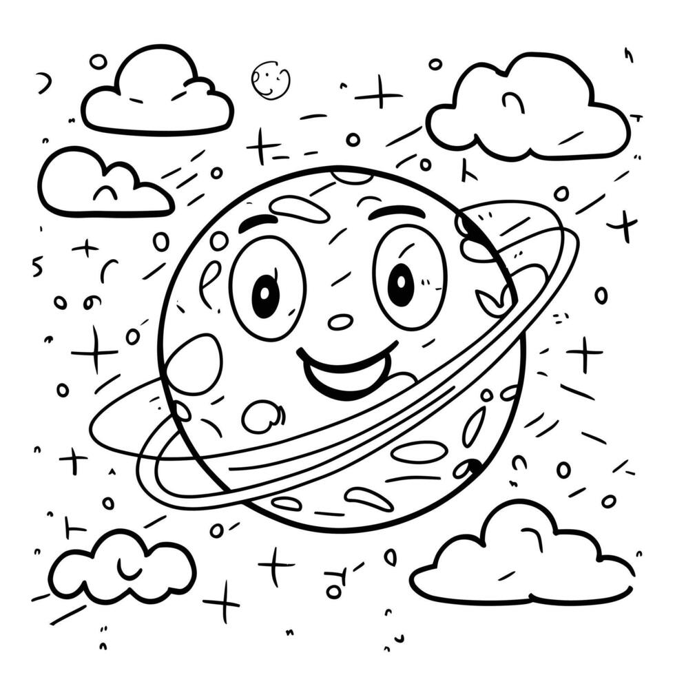A cartoon planet with a smiley face and clouds vector