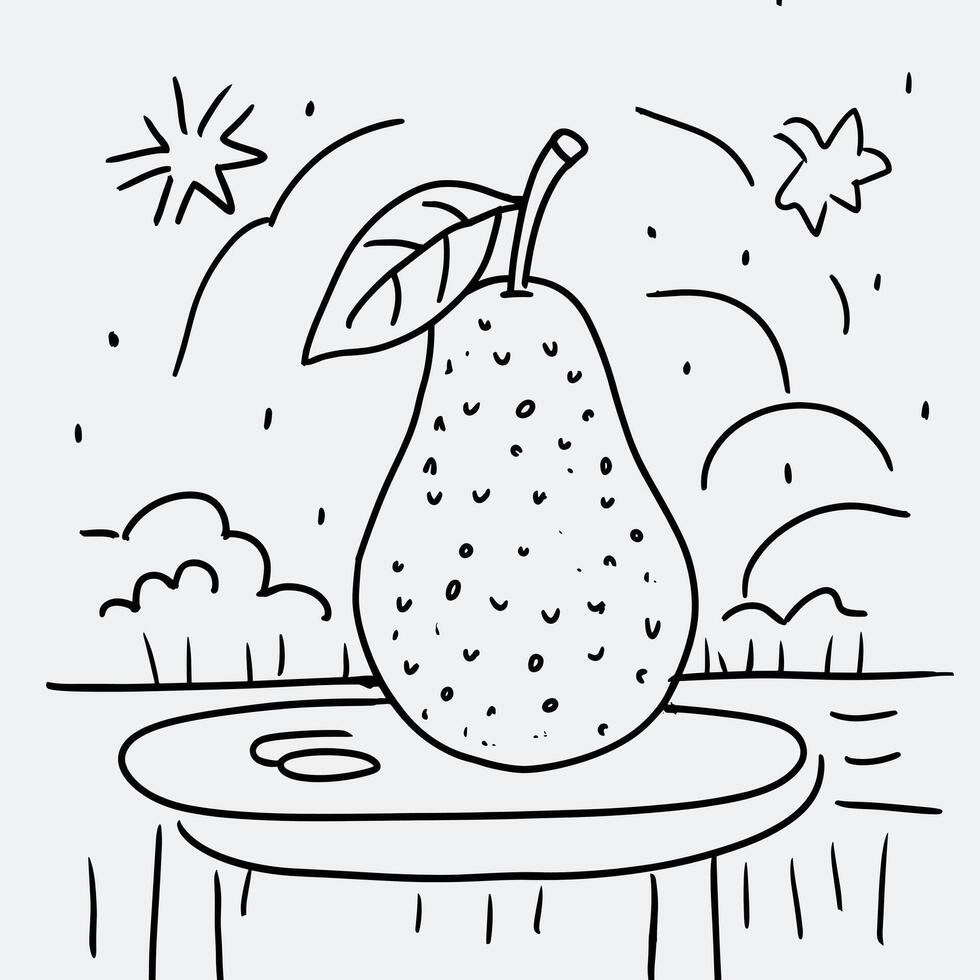 A pear is sitting on a plate with a leaf on it vector