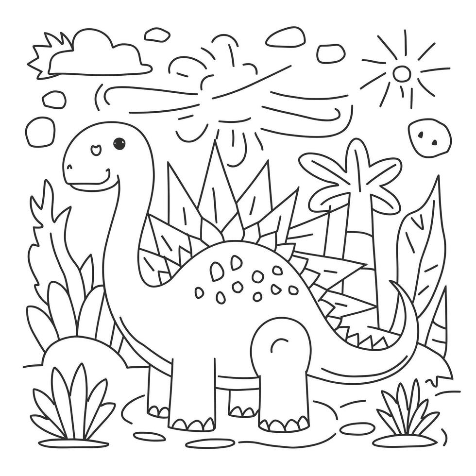 A dinosaur coloring page with a sun and trees vector
