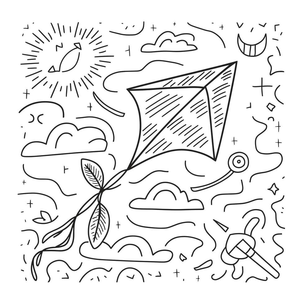 A coloring page with a kite and other items vector