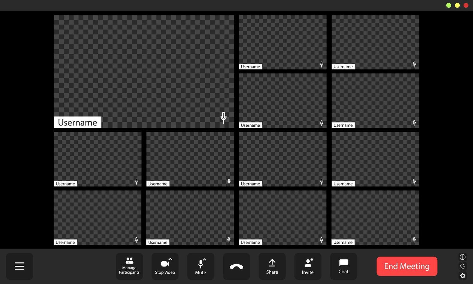 Virtual meeting with a grid of empty participant boxes reflecting a quiet, collaborative online environment vector