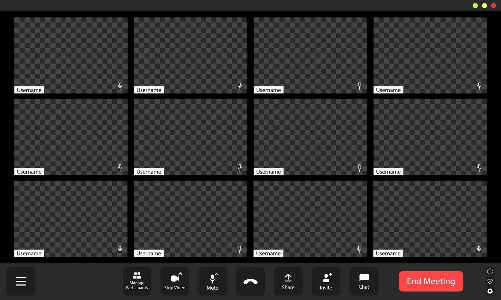 A virtual meeting platform showcasing empty participant slots during an online gathering at twilight vector