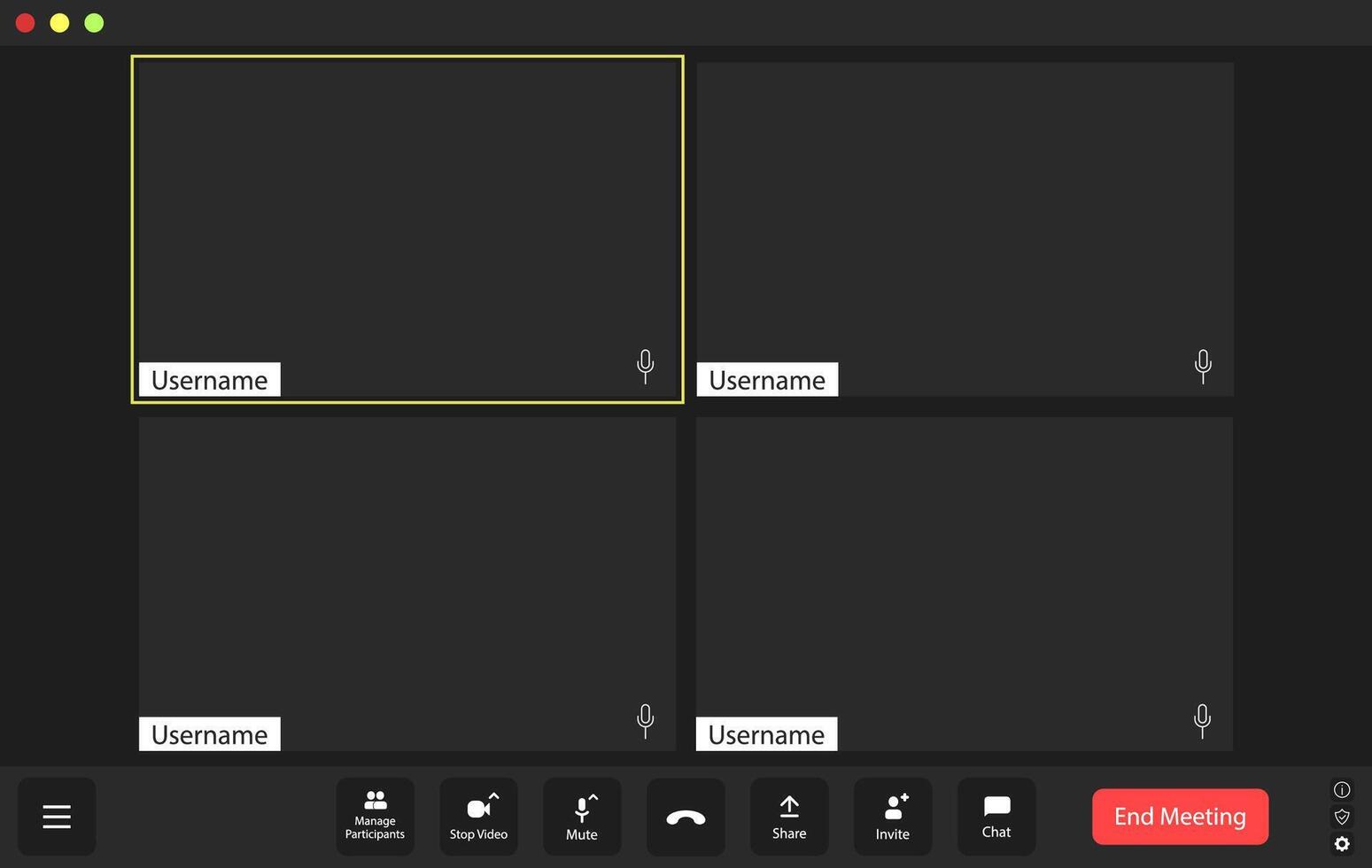 Virtual meeting platform interface displaying empty participant windows and controls for engagement in a remote collaboration setting vector