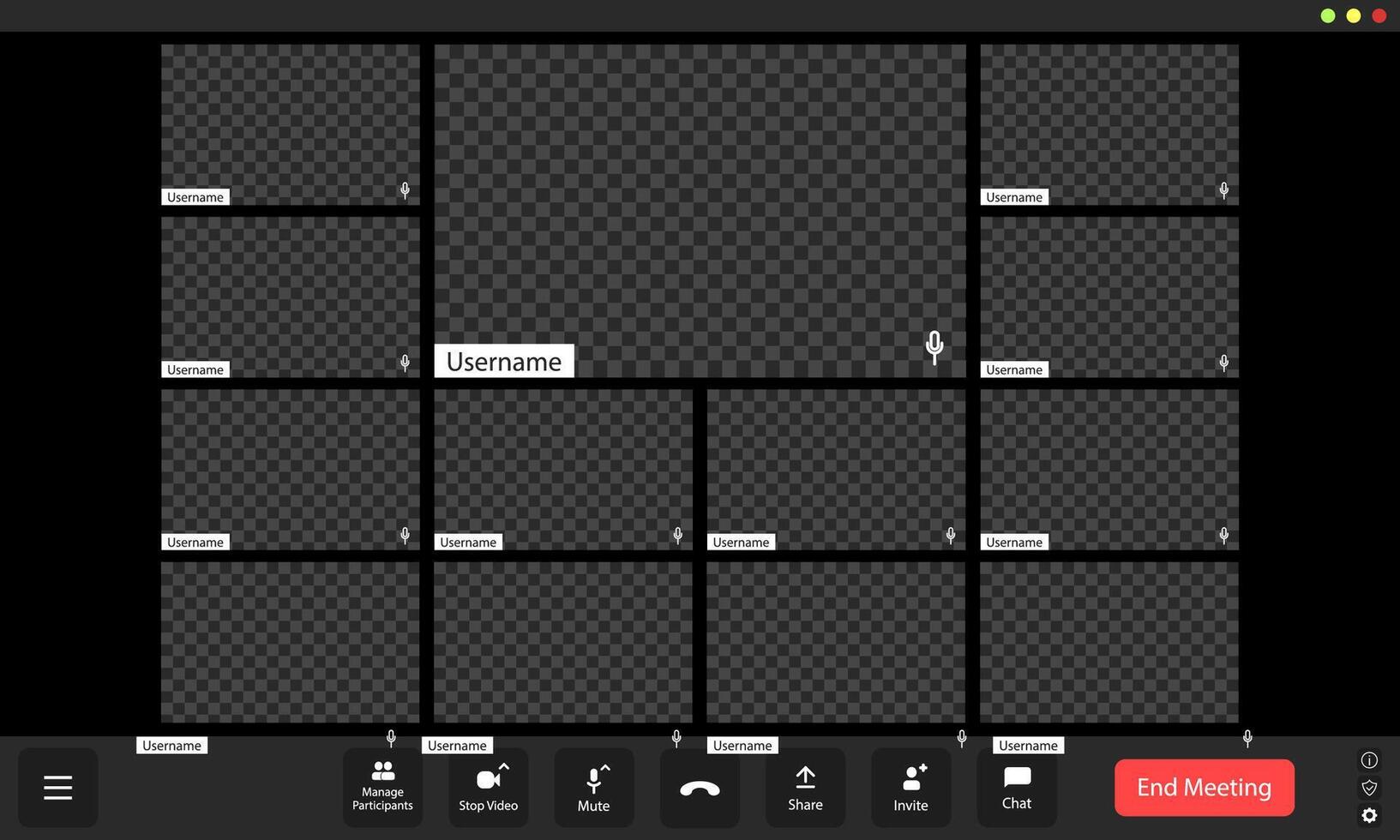 Empty virtual meeting grid with multiple user placeholders and interface elements on a desktop background vector