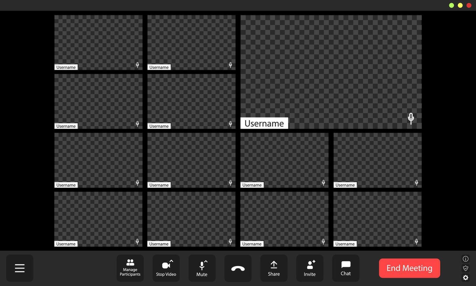 Virtual meeting interface displaying multiple blank participant windows, emphasizing online communication and collaboration dynamics vector