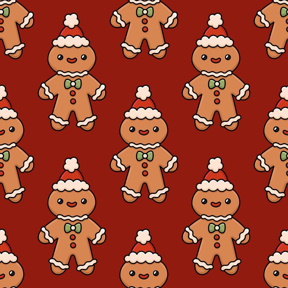 Christmas seamless pattern with ginger cookie, gingerbread man santa. Festive traditional cookies with icing on a dark red background. Winter holiday print for packaging, home decor vector