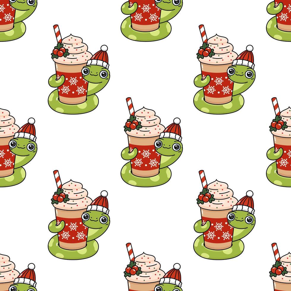 Cartoon funny snake in Santa hat with Winter holiday spiced drink in mug. Seamless pattern with Chinese New Year symbol. Xmas festive print with animal character for packaging, home decor vector