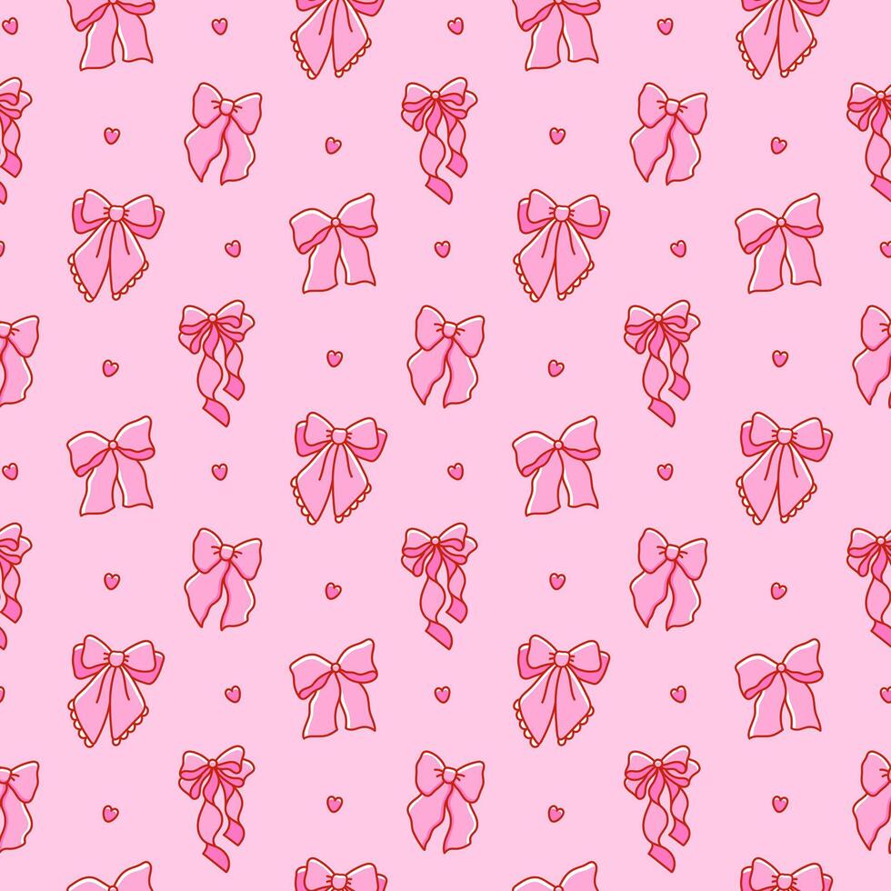 Seamless pattern of coquette pretty charming pink bows. Background with beautiful holiday decorative elements. Hand drawn trendy different bow knots, gift bows vector
