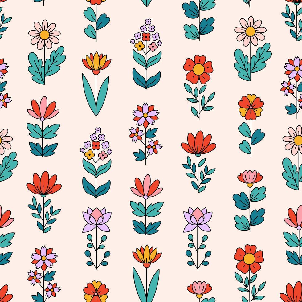 Retro seamless pattern with different flowers. Vintage boho print on beige background. Decorative botanical ornament in Scandinavian style vector