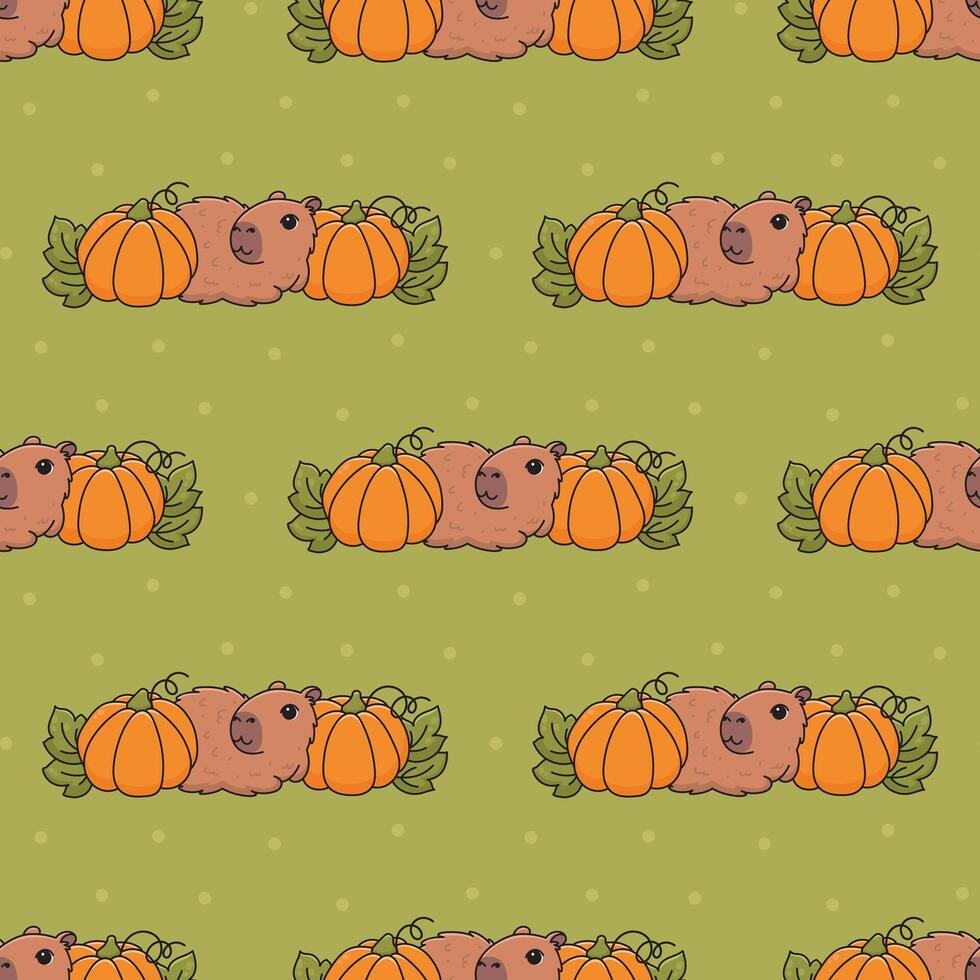 Seamless pattern with cozy animal capybara and with pumpkins. Funny cartoon character relaxing at fall season. Autumn Background vector