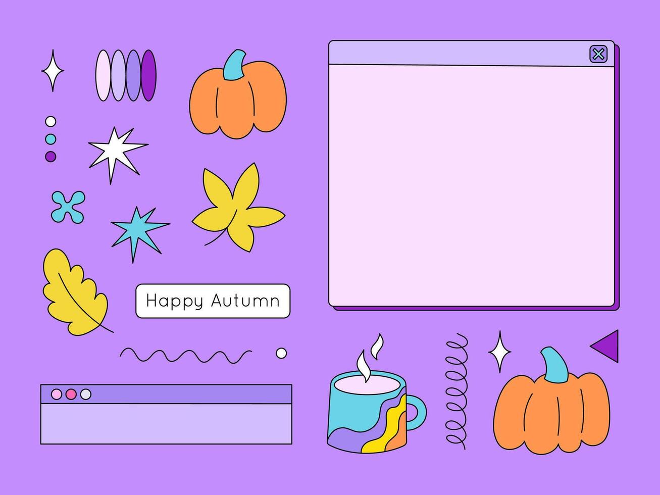 Autumn collection in flat neo brutalism design. Set of cyber aesthetic geometric shapes and fall decor. Retro pc design desktop windows. Illustration for social media or marketing material vector